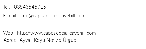 Cappadocia Cave Hill telefon numaralar, faks, e-mail, posta adresi ve iletiim bilgileri